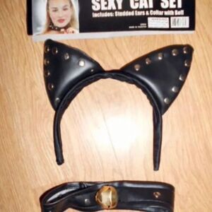 Sexy Black Vinyl Studded Kitty CAT COSTUME SET Ears Headband Collar Bell goth